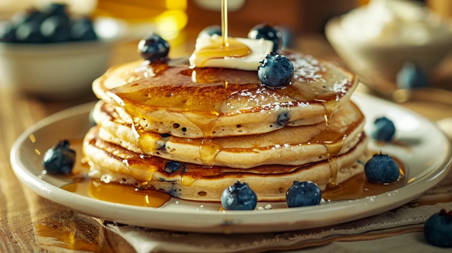 Stack of fluffy protein pancakes with blueberries on white plate, maple syrup pouring from top, melting butter pat, golden brown pancakes with visible blueberries baked inside, wooden table surface, kitchen background blurred