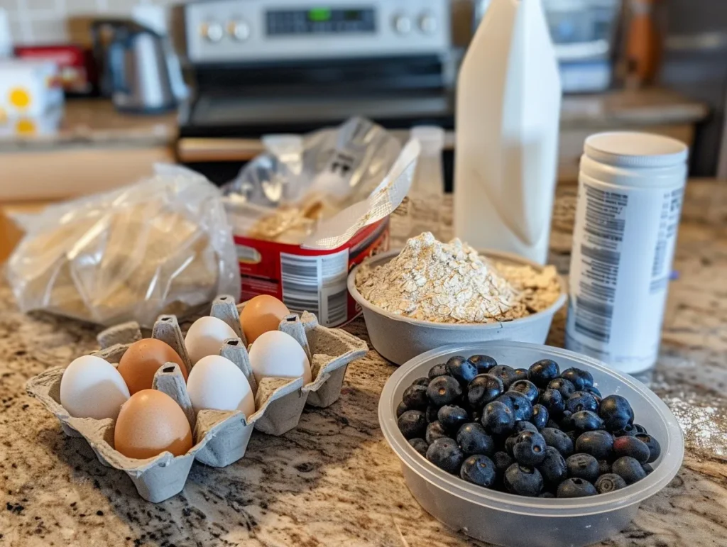 Kitchen counter with protein pancake ingredients: 6 eggs in cardboard carton, fresh blueberries in plastic container, bowl of oat flour, Greek yogurt tub, milk jug, protein powder container, plastic bag with flour, granite countertop, kitchen stove visible in background