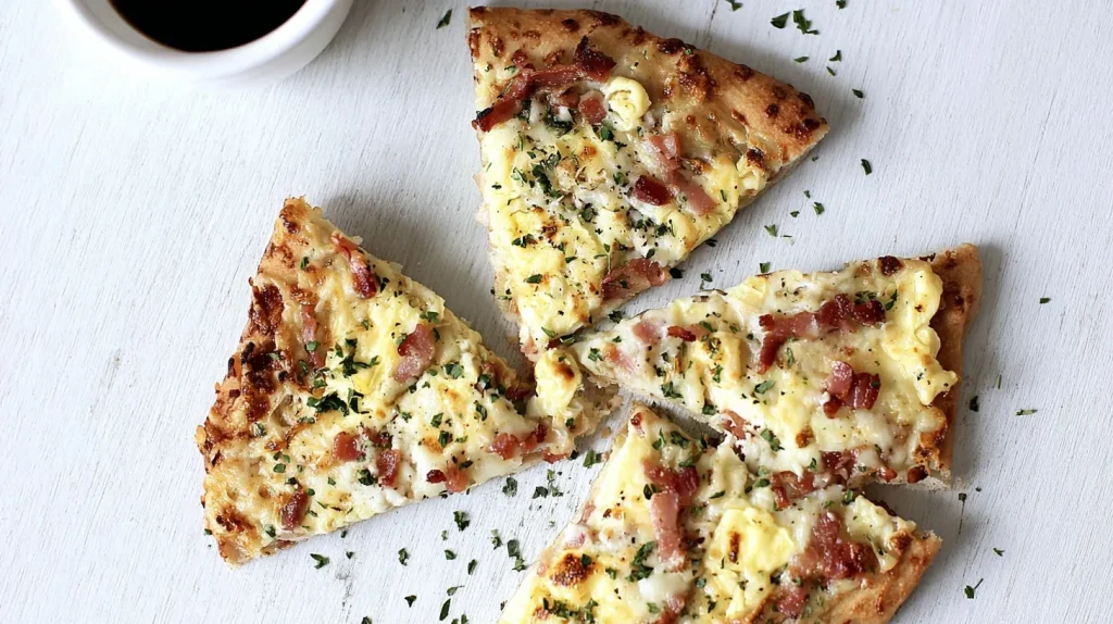 Overhead view of a quartered breakfast pizza with scrambled eggs, bacon pieces, and melted cheese on a crispy crust, garnished with fresh herbs and served on a white wooden surface with a coffee cup visible.