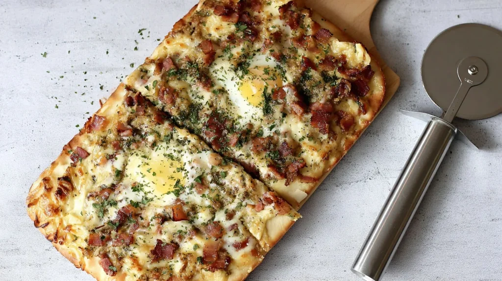 Rectangular breakfast flatbread pizza topped with sunny-side up eggs, crispy bacon bits, melted cheese, and fresh herbs, cut into sections and served on a light surface with a pizza cutter nearby.