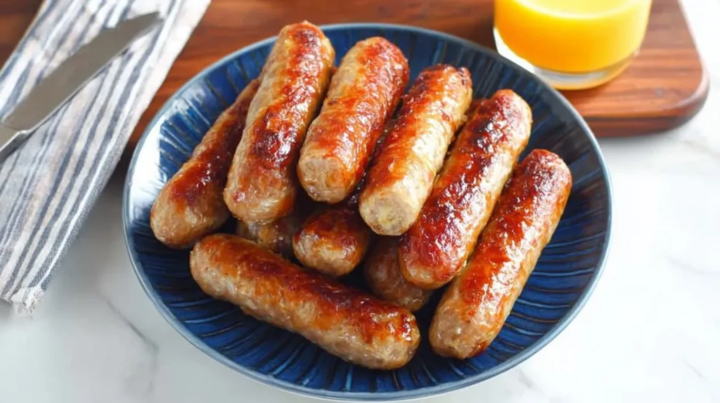 Golden-brown air fryer chicken breakfast sausage links served on blue ridged plate with orange juice and striped napkin, perfect breakfast presentation