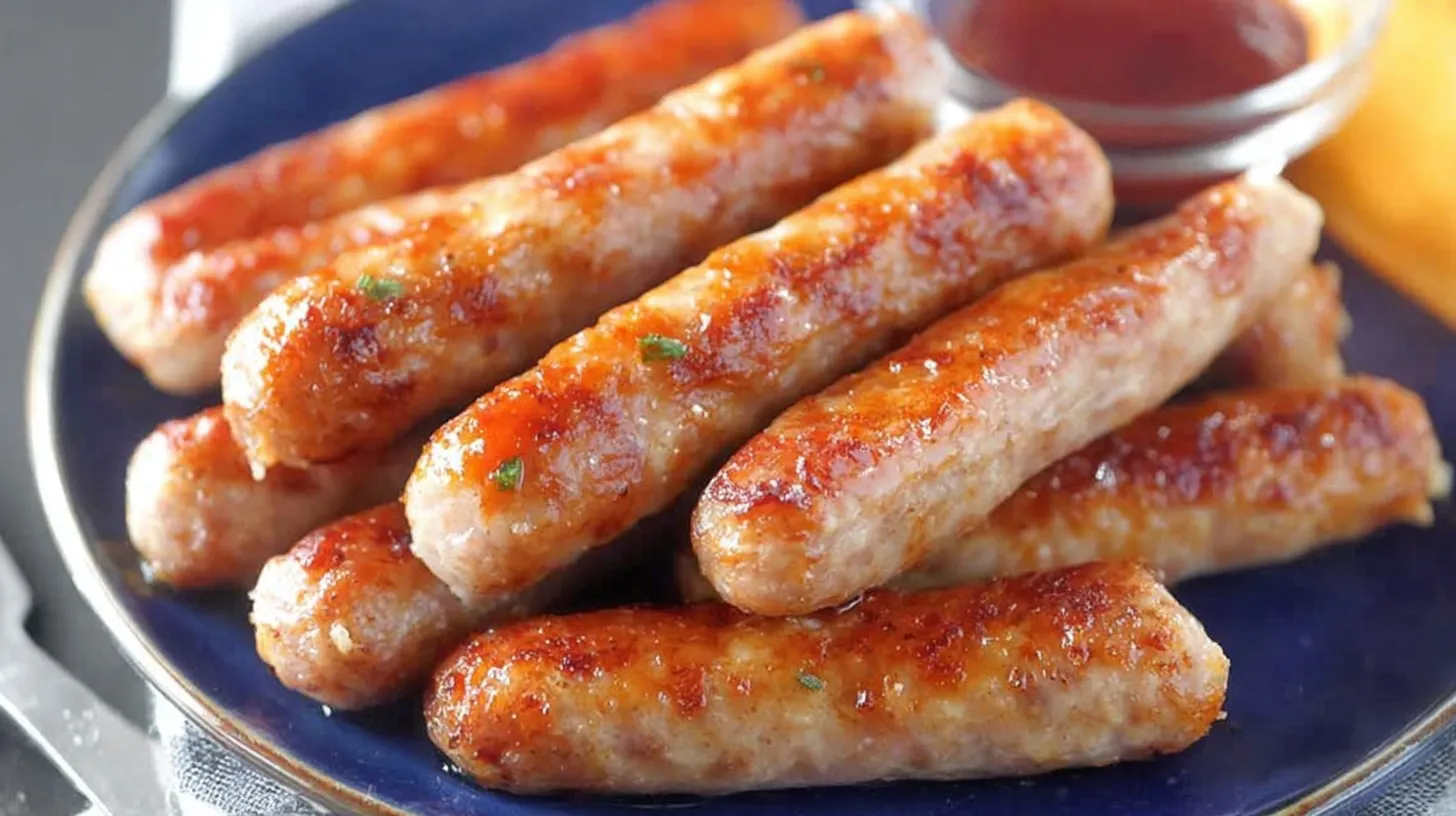 Golden-brown air fryer chicken breakfast sausage links with visible herbs arranged on blue plate, showing glistening crispy exterior and perfect cooking results