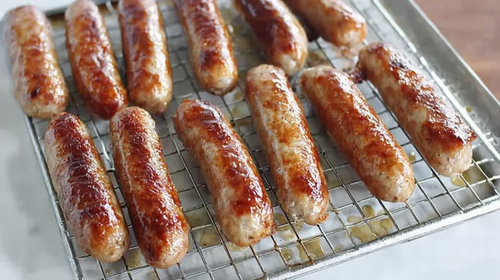 Golden-brown air fryer chicken breakfast sausage links with apple and sage cooling on wire rack, showing perfectly crispy exterior and even browning