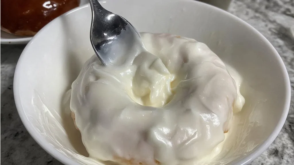 A white ceramic bowl containing thick Greek yogurt with a silver spoon dipping into the creamy surface, sitting on a granite countertop.
