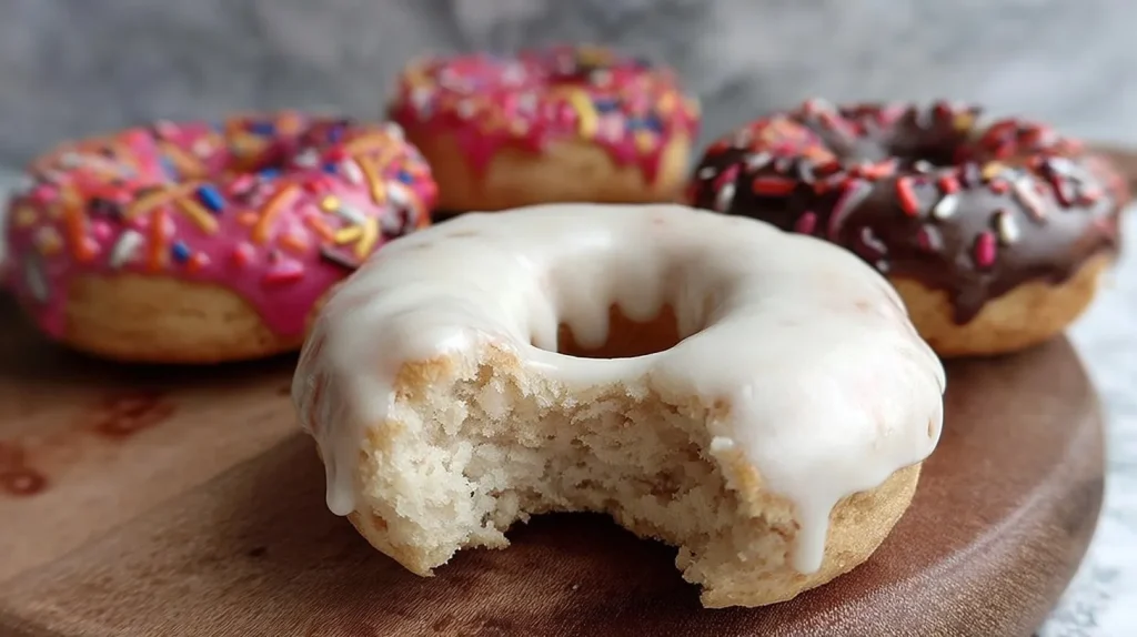 Assortment of homemade protein donuts on a wooden serving board, featuring a white-glazed donut with a bite taken out in the foreground, with pink sprinkled and chocolate-glazed donuts in the background.
