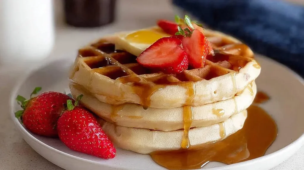 Three golden air fryer protein waffles stacked on white plate, drizzled with maple syrup and topped with fresh strawberry slices and whole berries