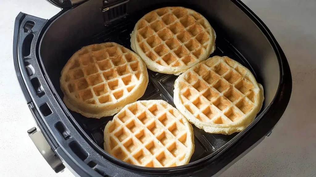 Four golden-brown protein waffles cooking in an open air fryer basket, showing crispy waffle grid texture and even browning