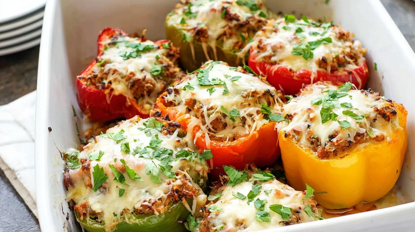 Six stuffed bell peppers in red, yellow, and green colors filled with seasoned ground turkey and topped with golden melted cheese and fresh parsley, arranged in a white ceramic baking dish with cheese stretching between peppers