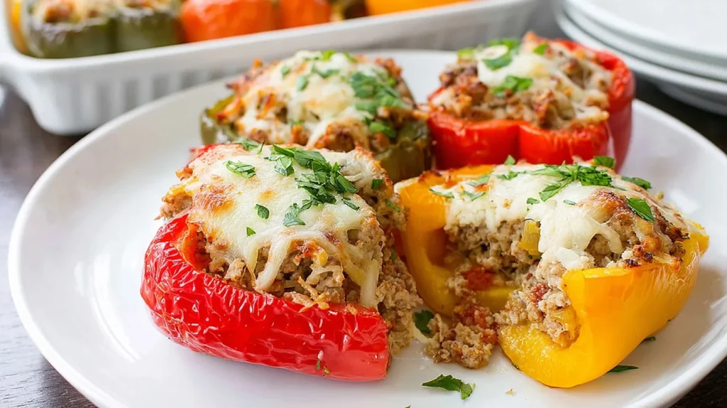 Four colorful stuffed bell peppers filled with seasoned ground turkey and topped with melted cheese and fresh herbs, served on a white plate with more peppers visible in a baking dish in the background