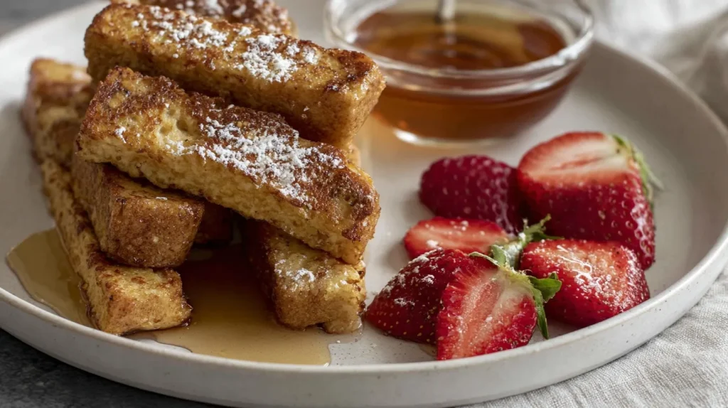 Golden-brown high-protein French toast sticks dusted with powdered sugar on white plate, served with sliced fresh strawberries and glass bowl of maple syrup