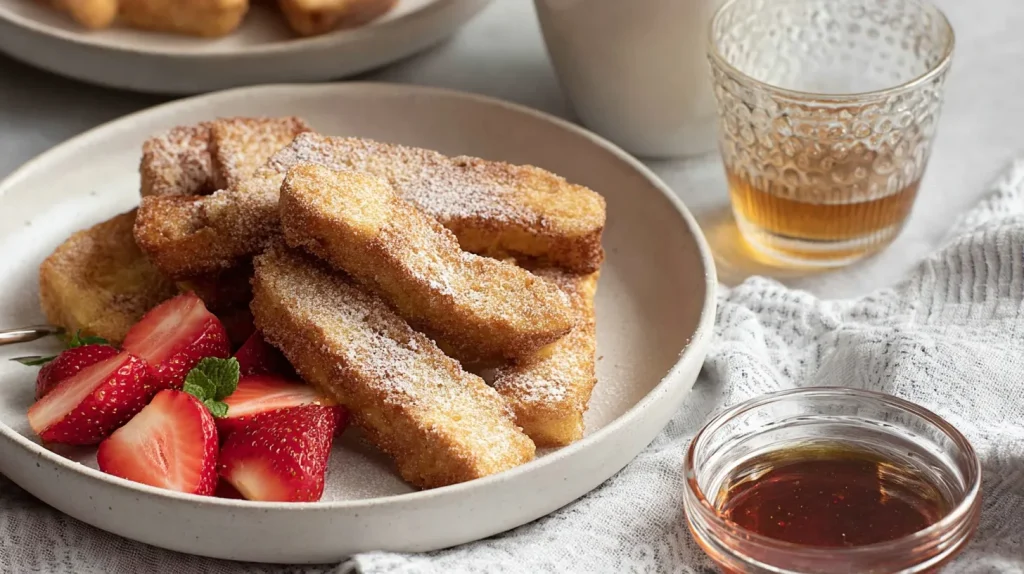 High-protein French toast sticks dusted with powdered sugar on white plate with fresh strawberries, alongside layered coffee drink and glass bowl of maple syrup on marble surface