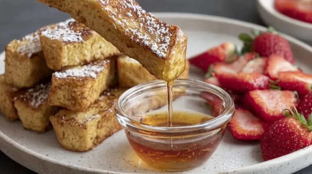 High-protein French toast stick being dipped into glass bowl of maple syrup with syrup dripping, surrounded by more toast sticks and fresh strawberry slices on white plate