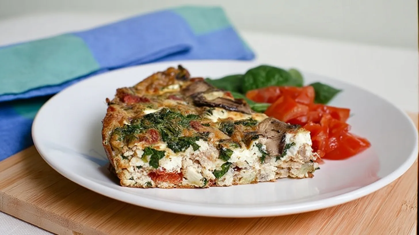 Mediterranean frittata wedge on white plate with visible spinach, mushrooms, sun-dried tomatoes and feta cheese, served with fresh tomato slices and greens