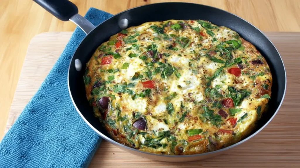 Golden Mediterranean frittata cooking in black non-stick skillet with visible spinach, feta cheese, kalamata olives, and red peppers on blue kitchen towel