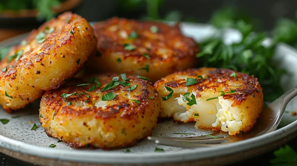 Close-up of golden-brown cauliflower protein hash browns garnished with fresh herbs on a speckled ceramic plate