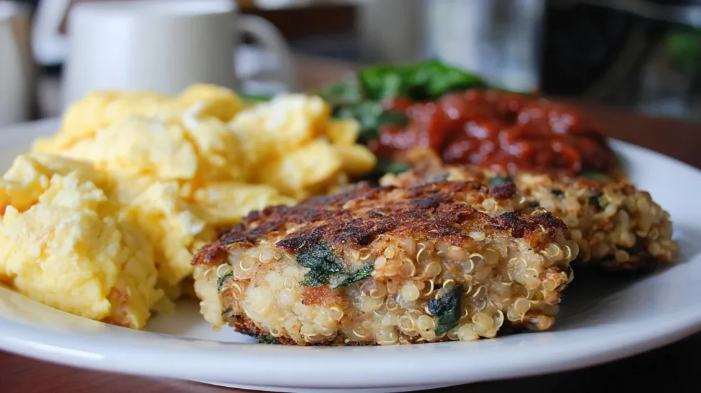 Two golden-brown quinoa breakfast cakes with visible quinoa grains and herbs served on white plate with scrambled eggs and tomato salsa, air fryer visible in background