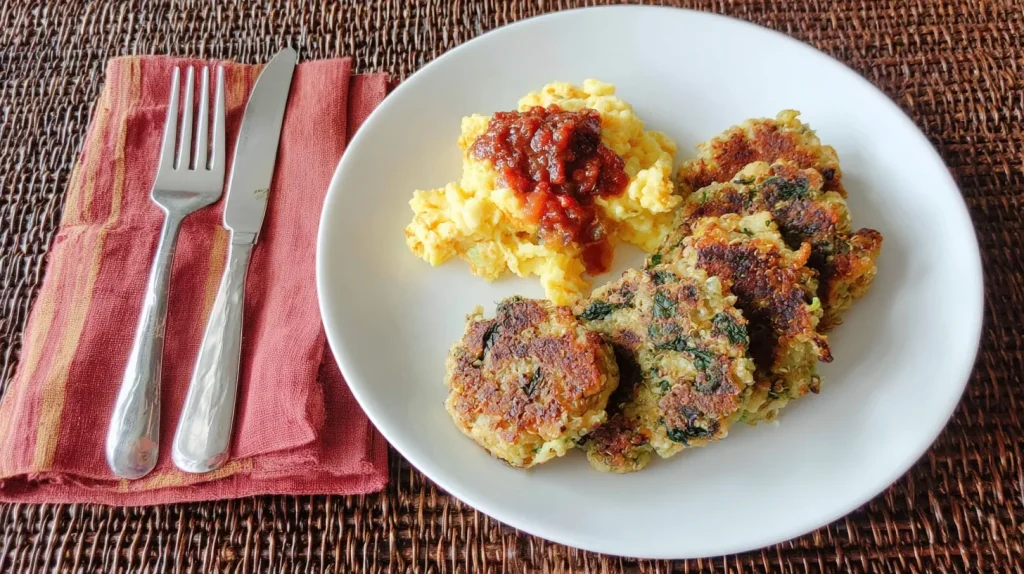 Overhead view of three golden-brown quinoa cakes with visible herbs and quinoa texture on white plate, served with scrambled eggs topped with red salsa, pink striped napkin and silverware on woven placemat