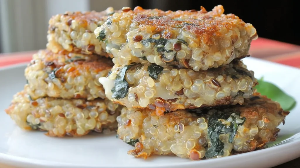 Close-up of three stacked quinoa breakfast cakes showing detailed texture with visible tri-color quinoa grains, herbs, and golden-brown crispy edges on white plate