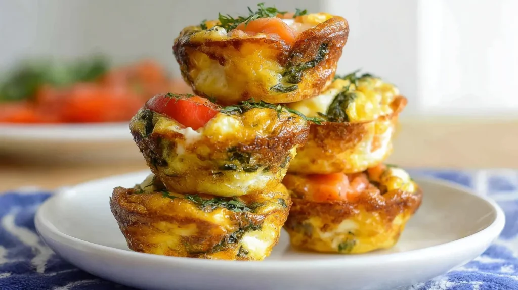 Close-up of golden-brown egg breakfast cups stacked in a tower on a white plate, featuring vibrant pieces of smoked salmon, fresh dill, and cream cheese, with blurred ingredients in the background.