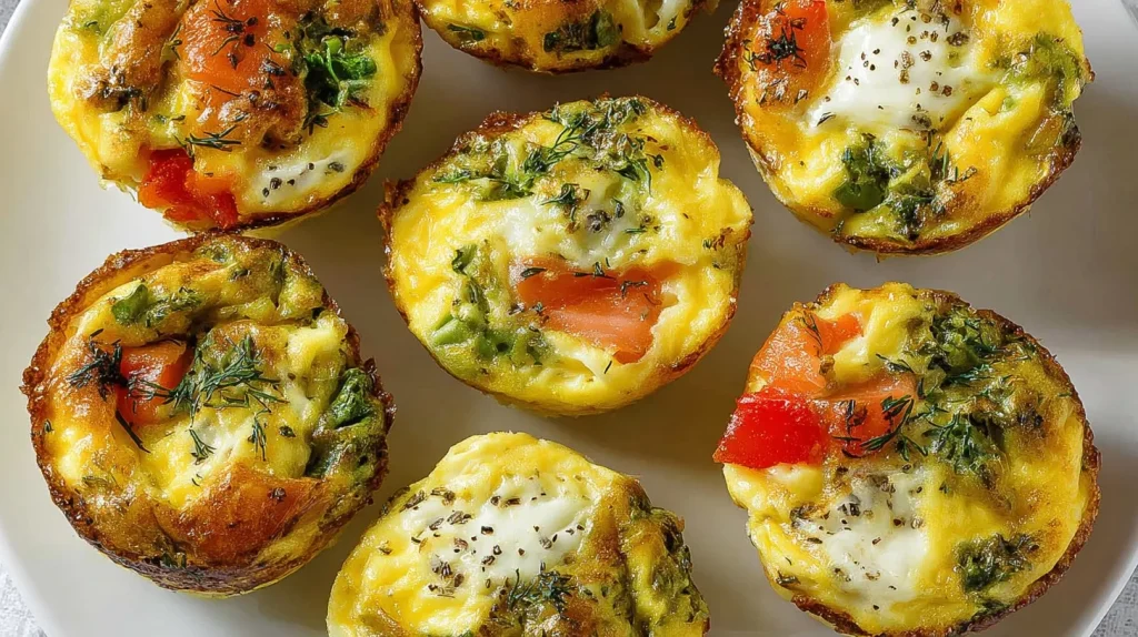 Overhead view of seven egg breakfast cups in a circular arrangement on a white plate, featuring fluffy yellow eggs with visible pieces of smoked salmon, fresh dill, and vegetables with golden-brown crispy edges.