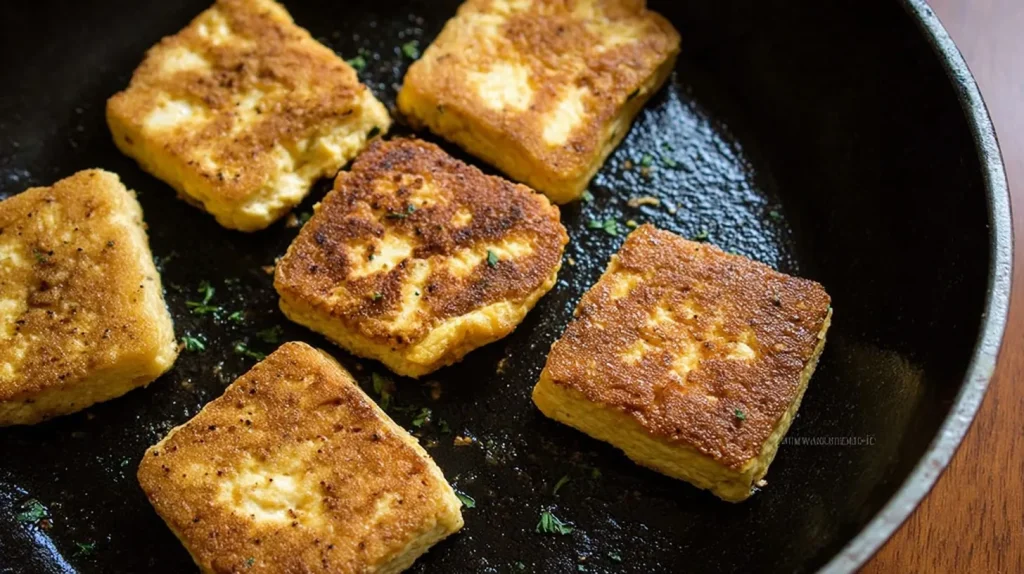 Six golden-brown tofu scramble patties cooking in a black cast iron skillet, showing various stages of browning with crispy edges and visible herb specks