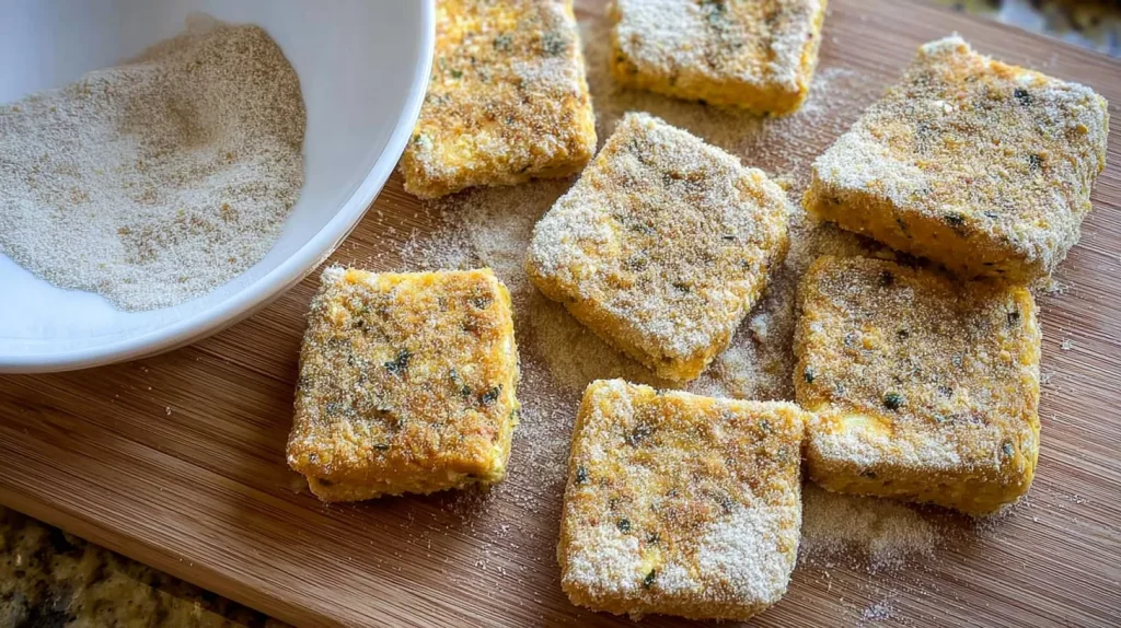 Eight square tofu scramble patties coated in breadcrumb mixture arranged on bamboo cutting board with bowl of coating visible, showing pre-cooking preparation stage