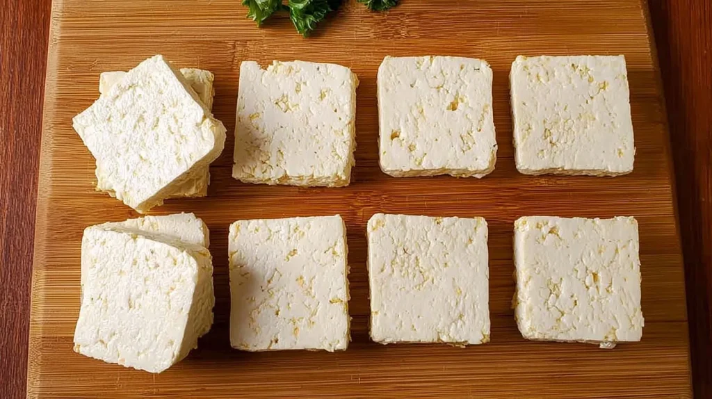 Eight pressed extra-firm tofu blocks arranged on bamboo cutting board, showing dry, compressed texture after overnight pressing, with fresh herbs visible in corner